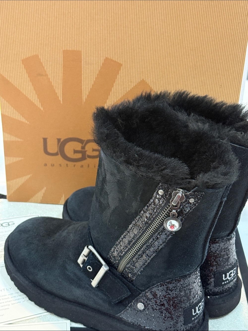 UGG HTF BLACK BLAISE GLITTER MOTO BOOTS ZIPPER FRONT BUCKLE